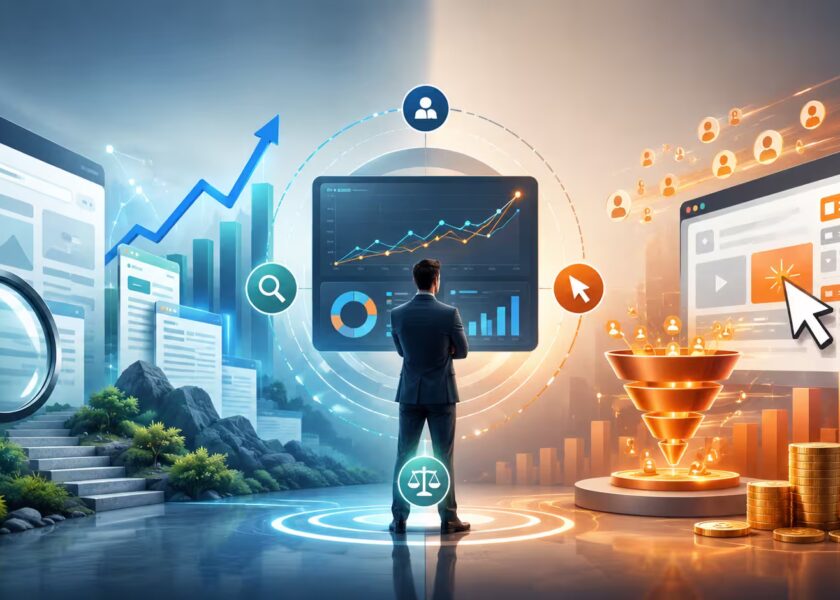 Ілюстрація балансу між SEO та PPC у цифровому маркетингу з аналітичною панеллю, графіками, пошуковою оптимізацією та рекламною воронкою.