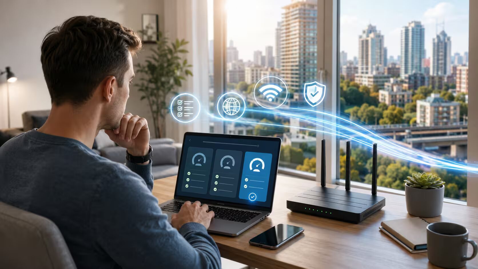 Людина обирає інтернет-провайдера у Києві за ноутбуком біля Wi-Fi роутера на тлі сучасного міського пейзажу.