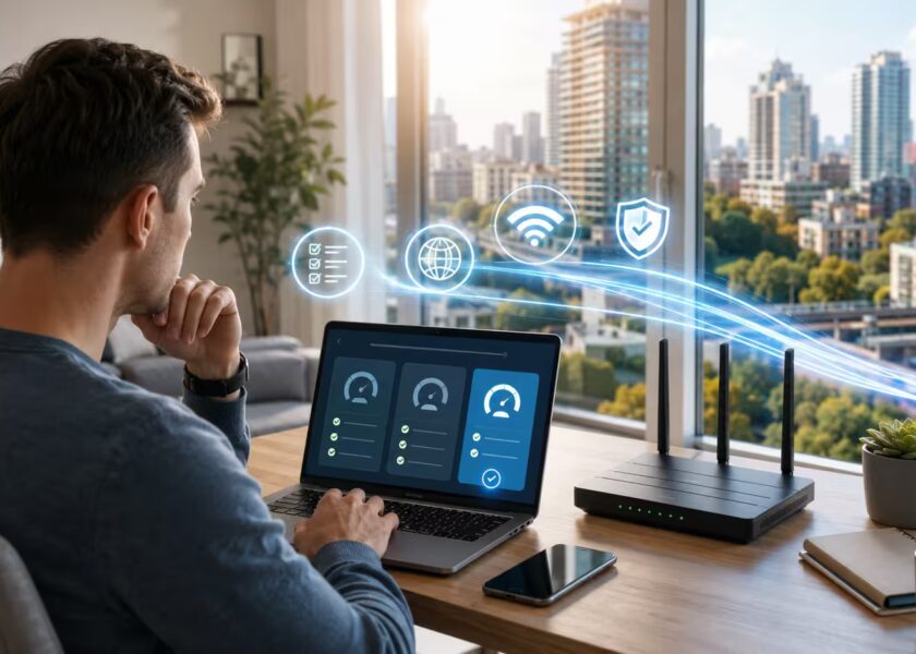 Людина обирає інтернет-провайдера у Києві за ноутбуком біля Wi-Fi роутера на тлі сучасного міського пейзажу.