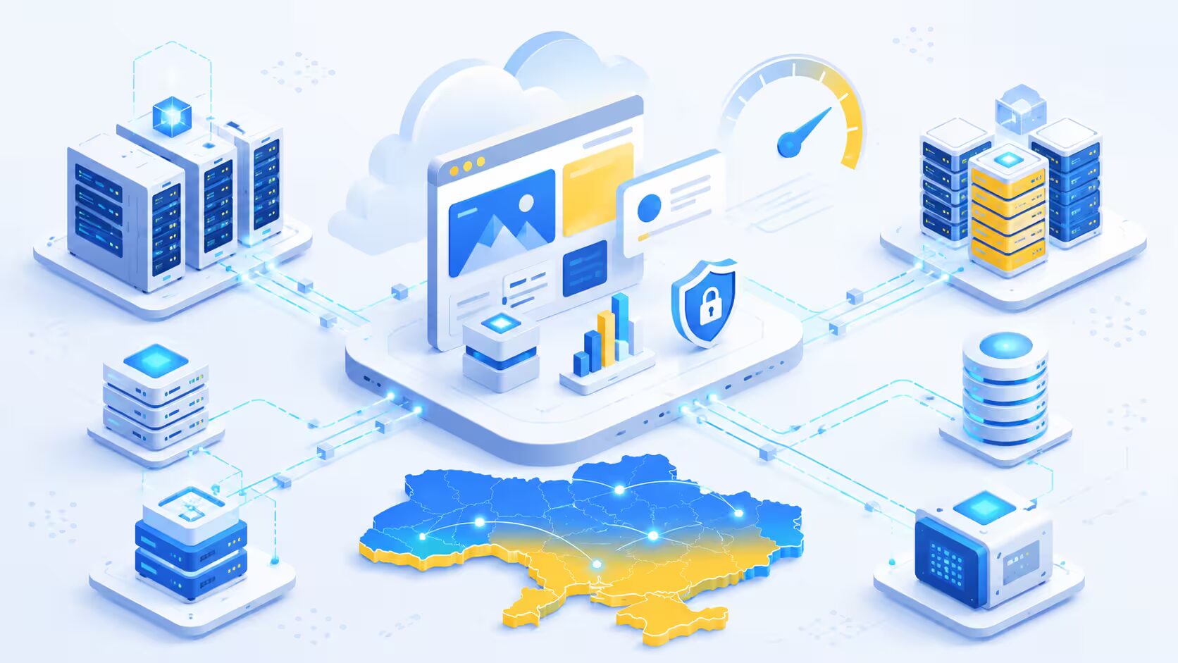 Хмарна інфраструктура хостингу з серверами, вебсайтом, захистом даних і картою України у синьо-жовтих кольорах.