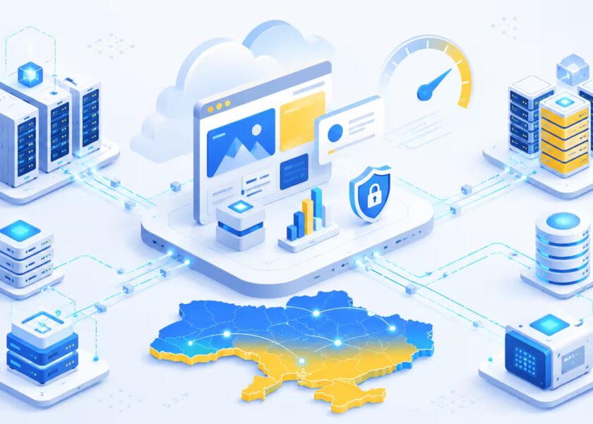 Хмарна інфраструктура хостингу з серверами, вебсайтом, захистом даних і картою України у синьо-жовтих кольорах.
